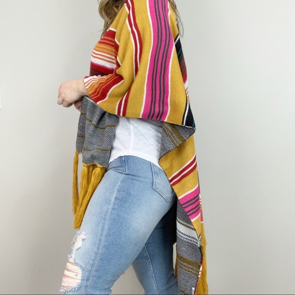 Boho Bull Skull Serape Stripe Poncho Mustard Pink - Picture 3 of 8
